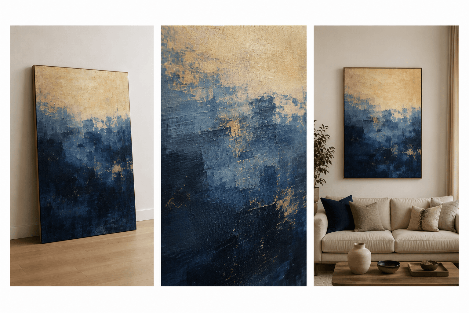 A single image sheet holding three separate photographs of an abstract indigo and gold painting, side by side on a white background