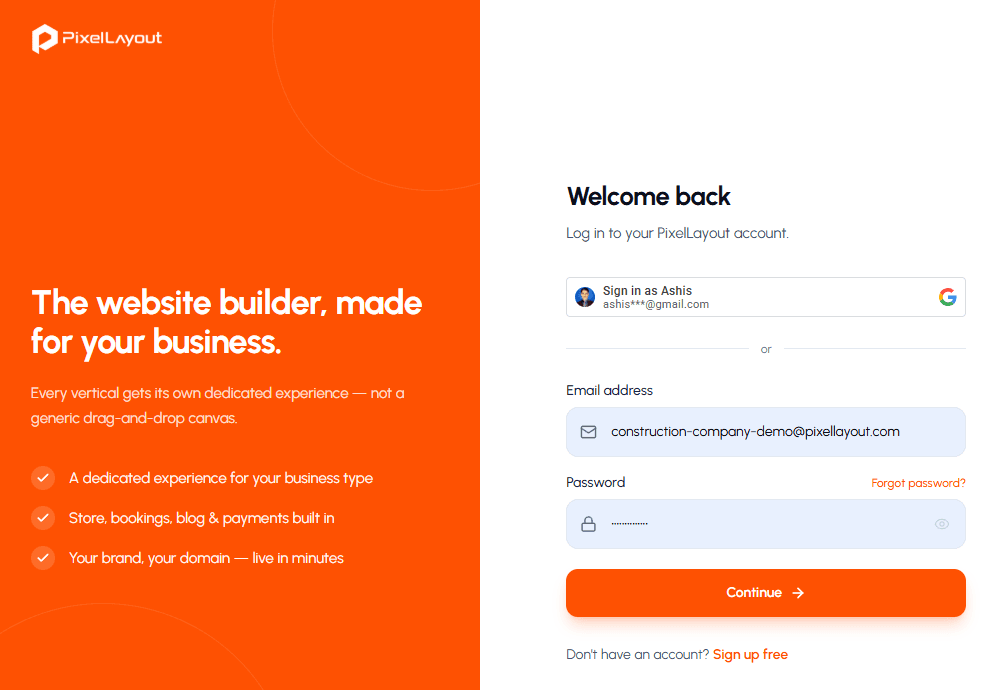 A customer login page